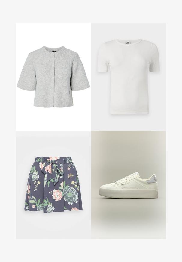 Grijze kortärmelig vest van geribbelde stof met een ronde halslijn en vier knopen aan de voorkant. Eenvoudig en kort ontwerp.; Wit geribd T-shirt met korte mouwen en ronde hals, voorzien van een aansluitende pasvorm en een JDY-merklabel aan de binnenkant van de halslijn.; ONLY ONLNOVA LUX JASMIN SKIRT - A-lijn rok - ombre blue; Witte leren sneaker met een laag profiel, dikke zool, veters aan de voorkant en een zilveren logodetail op de hiel en de veters tegen een effen achtergrond.