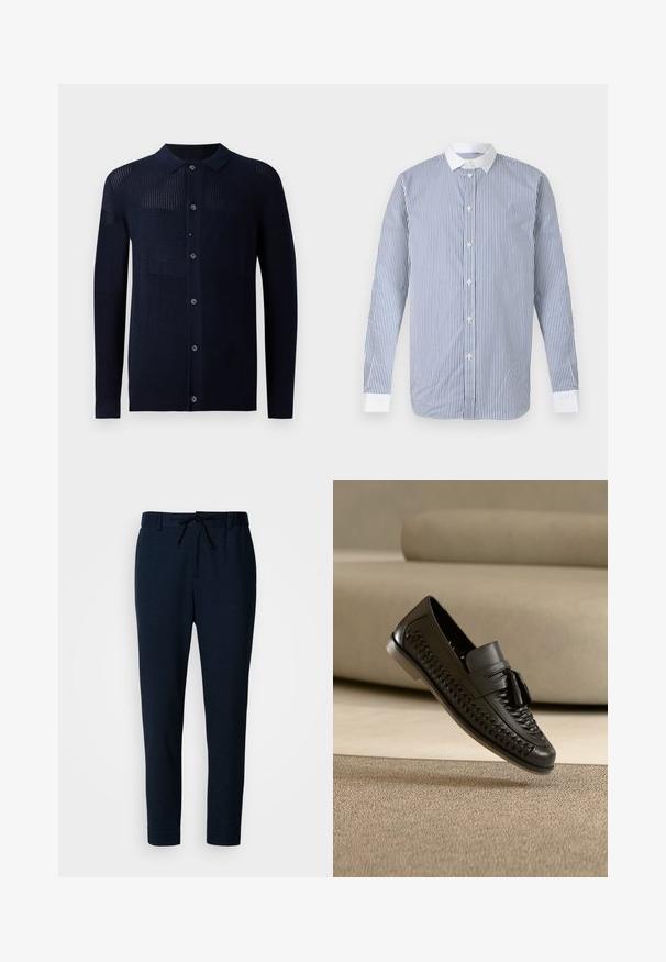 Cárdigan marino con cierre de botones, cuello y patrones de textura variados. Presenta mangas largas y un ajuste casual. Fabricado con un material de punto suave.; Camisa de manga larga con botones, con rayas verticales azules y blancas, cuello blanco y puños blancos sobre un fondo liso.; Pantalones azul marino hechos de un tejido suave y ligero. Cuentan con cintura ajustable con cordón, piernas entalladas y una textura lisa.; Mocasín tejido de cuero negro con borlas, descansando con la suela inclinada hacia arriba sobre una alfombra beige frente a un fondo de sofá beige.