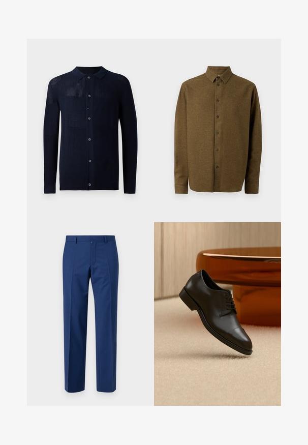 Cárdigan marino con cierre de botones, cuello y patrones de textura variados. Presenta mangas largas y un ajuste casual. Fabricado con un material de punto suave.; Camisa de manga larga en color verde oliva, con cuello abotonado, botones en el frente y un logo sutil en el pecho. La tela parece texturada.; Pantalones azul marino con un diseño de pierna recta, que incluyen un frente plano, una textura sutil, trabillas para cinturón y un cierre de cremallera.; Zapato de vestir de cuero negro con cordones flotando sobre una alfombra beige, mesa redonda naranja al fondo.