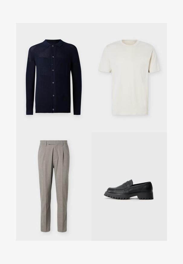 Cárdigan marino con cierre de botones, cuello y patrones de textura variados. Presenta mangas largas y un ajuste casual. Fabricado con un material de punto suave.; Camiseta lisa de algodón color blanco hueso, cuello redondo y manga corta, con un logo sutil en el pecho izquierdo, presentada sobre un fondo blanco plano.; Pantalones grises claros a medida con piernas rectas, trabillas para cinturón, pliegues delanteros y una pretina limpia sobre un fondo blanco.; Mocasines de cuero negro con punta redondeada, que presentan una correa decorativa y una suela de goma gruesa con surcos profundos para mayor tracción.