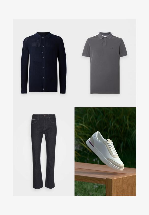 Cárdigan marino con cierre de botones, cuello y patrones de textura variados. Presenta mangas largas y un ajuste casual. Fabricado con un material de punto suave.; Polo de manga corta gris oscuro con tapeta de dos botones y un sutil logo bordado en el pecho izquierdo sobre fondo blanco.; Jeans de denim azul oscura con un diseño de pierna recta. Las características incluyen un cierre de botón, pasadores para cinturón y un estilo clásico de cinco bolsillos.; Zapatilla deportiva de cuero blanco con un acento beige, textura suave, punta redonda y cierre de cordones. Presenta perforaciones sutiles y una franja de talón colorida.