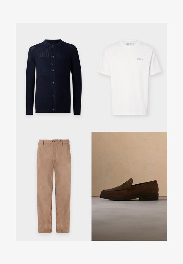 Marineblå cardigan med knaplukning, krave og varierede teksturmønstre. Har lange ærmer og en afslappet pasform. Fremstillet af et blødt strikmateriale.; Hvid T-shirt med korte ærmer og rund hals, med lille grøn tekst "JUICE IT UP Marc O'Polo Denim" på venstre bryst.; TOM TAILOR REGULAR WASHED - Chino - caribou beige; Brun mokkalæders loafer med sort sål svævende over beige tæppe foran en beige sofa.