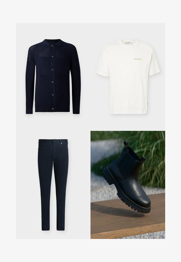 Cárdigan marino con cierre de botones, cuello y patrones de textura variados. Presenta mangas largas y un ajuste casual. Fabricado con un material de punto suave.; Camiseta blanca de manga corta con pequeño texto "Oyster Party Marc O’Polo Denim" en azul y amarillo en la parte superior izquierda del pecho.; Pantalones entallados de color azul marino oscuro con trabillas para cinturón, cierre frontal con botón y cremallera, y bolsillos sobre un fondo liso.; Botas de tobillo de cuero negro con paneles laterales elásticos, punta redonda y suela de taco grueso, exhibidas sobre una superficie de madera.