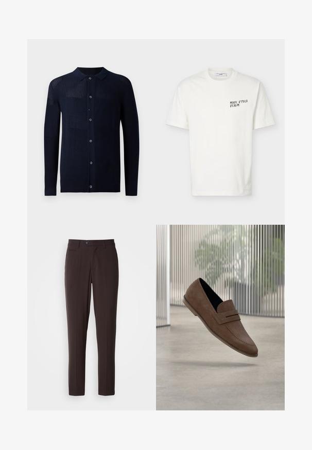 Cárdigan marino con cierre de botones, cuello y patrones de textura variados. Presenta mangas largas y un ajuste casual. Fabricado con un material de punto suave.; Camiseta blanca de manga corta con cuello redondo y el logo "Marc O’Polo Denim" impreso en negro en el pecho izquierdo.; Pantalones marrón oscuro a medida con tela suave, tiro plano, bolsillos laterales y cierre de botón. Diseño de pierna recta, sin patrones visibles.; Mocasines de ante marrón con un acabado suave, detalles cosidos y diseño de punta redondeada. Suela elevada y estilo fácil de poner.