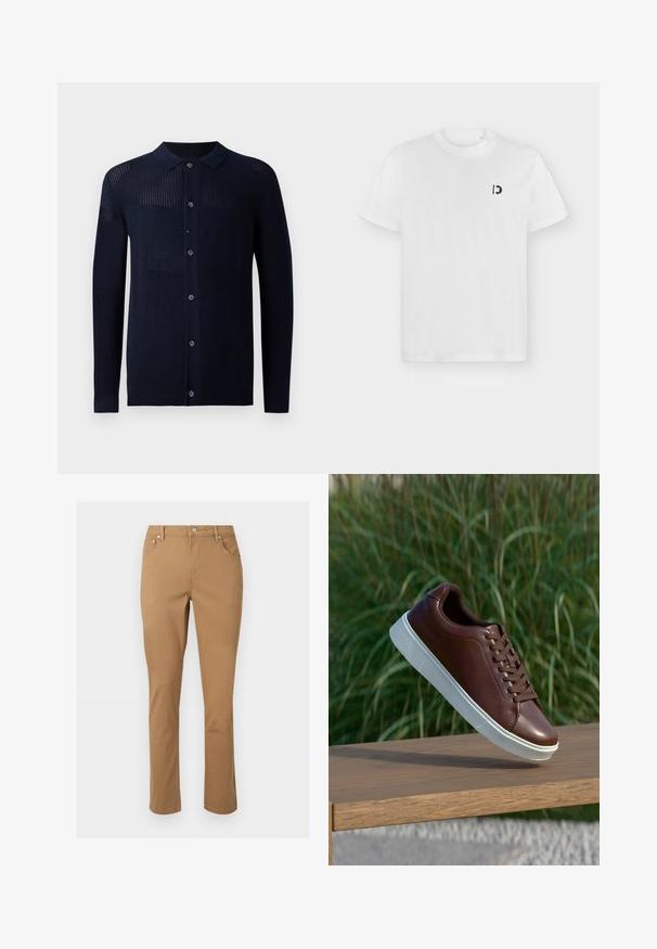 Cárdigan marino con cierre de botones, cuello y patrones de textura variados. Presenta mangas largas y un ajuste casual. Fabricado con un material de punto suave.; Camiseta blanca de manga corta con cuello redondo y pequeño logo negro "D" en el pecho izquierdo sobre un fondo liso gris claro.; Pantalones marrones de pierna recta con bolsillos delanteros, trabillas para cinturón, cierre de cremallera y botón sobre un fondo claro y liso.; Zapatilla de cuero marrón con suela de goma blanca, diseño de cordones, textura suave, punta redondeada y detalles de costura sutiles.