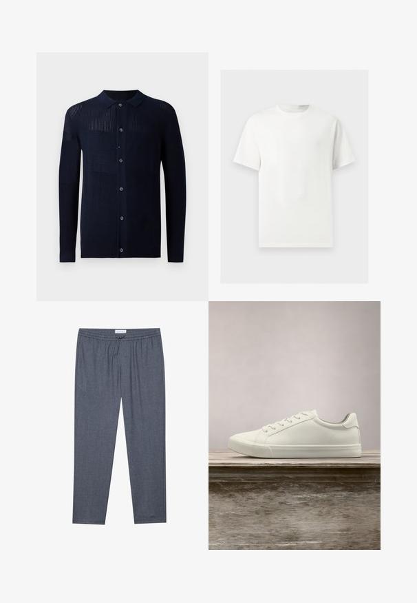 Marineblå cardigan med knaplukning, krave og varierede teksturmønstre. Har lange ærmer og en afslappet pasform. Fremstillet af et blødt strikmateriale.; Enkelt hvid T-shirt med korte ærmer og rund hals vist på en lysegrå baggrund.; Grå, lige ben bukser med en snoretræk i taljen og en subtil tekstur. Stoffet ser blødt og behageligt ud, velegnet til afslappet brug.; Hvide snørresneakers svævende over en træbænk med grønne planter i baggrunden, der fremhæver skodesign og tekstur.