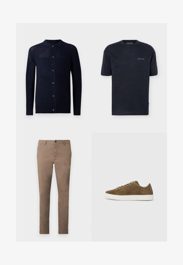 Cárdigan marino con cierre de botones, cuello y patrones de textura variados. Presenta mangas largas y un ajuste casual. Fabricado con un material de punto suave.; Camiseta de manga corta azul marino con cuello redondo, textura sutil acanalada y pequeño logo blanco "Marc O'Polo" en el pecho izquierdo.; Pantalones marrones ajustados de hombre con cierre frontal de botón y cremallera, trabillas para cinturón y bolsillos laterales, mostrados planos sobre un fondo blanco.; Zapatilla de ante marrón con puntera redondeada, suela de goma blanca y cierre de cordones. Presenta costuras sutiles y un diseño de perfil bajo.
