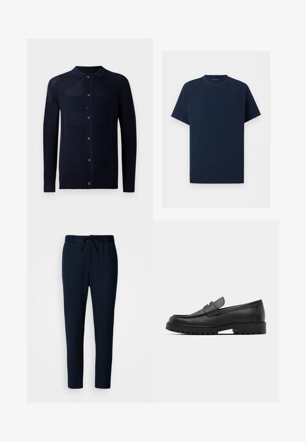 Marineblå cardigan med knaplukning, krave og varierede teksturmønstre. Har lange ærmer og en afslappet pasform. Fremstillet af et blødt strikmateriale.; Enkelt mørkeblåt T-shirt med korte ærmer og rund hals på hvid baggrund, der viser forfra uden synlige logoer eller designs.; Marineblå bukser lavet af et blødt, let stof. Har snoretræk i taljen, tilspidsede ben og en glat tekstur.; Sorte læder loafers med rund tå, der har et syet design, lav platformssål og en struktureret, skridsikker gummisål.