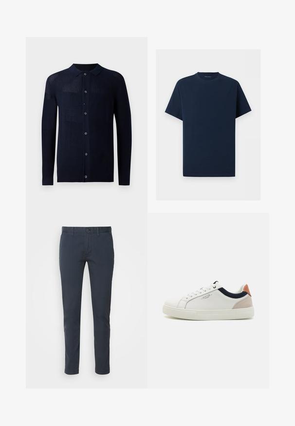 Cárdigan marino con cierre de botones, cuello y patrones de textura variados. Presenta mangas largas y un ajuste casual. Fabricado con un material de punto suave.; Camiseta lisa azul marino de manga corta y cuello redondo sobre un fondo blanco, mostrando vista frontal sin logos o diseños visibles.; Chinos azul marino hechos de algodón ligero, con un corte recto, cierre de botón y bolsillos delanteros. Textura suave con un mínimo de detalles.; Zapatillas blancas de cuero con un diseño de caña baja, acento en tela azul marino en el cuello y una lengüeta de talón de ante rosa claro. Suela de goma.