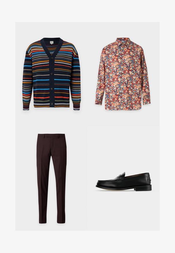 Cardigan bleu marine avec des rayures horizontales multicolores, col en V, manches longues et boutons noirs sur le devant.; Chemise à manches longues boutonnée avec un motif floral dense dans des tons rouges, orange, bleu et crème sur un fond neutre.; Pantalon habillé slim marron foncé avec passants de ceinture, pli avant, sans poches visibles, présenté sur un fond clair uni.; Mocassin homme en cuir noir avec un petit talon et une couture de style mocassin sur l'avant, vu de côté sur un fond uni.