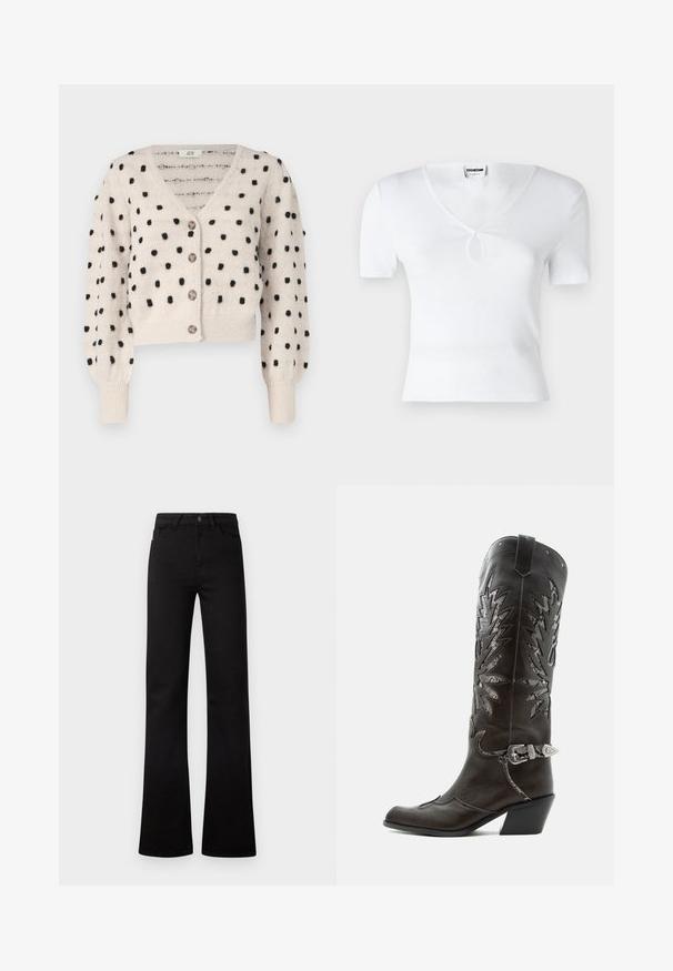 JDY SIGRID LIFE VNECK STRUC - Vest - cement; Witte geribbelde top met korte mouwen, een V-hals en een centrale sleufopening. Strakke pasvorm, gladde textuur en minimalistisch ontwerp.; Zwarte high-waist jeans met rechte pijpen, voorzakken, riemlussen, een knoopsluiting en licht uitlopende zoom op een witte achtergrond.; Zwarte leren cowboylaars met decoratieve uitsnijdingen, zilveren gesp en schuine hak, weergegeven op een witte achtergrond.