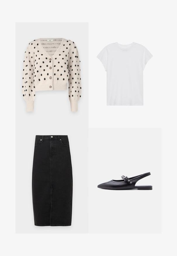 JDY SIGRID LIFE VNECK STRUC - Vest - cement; Witte t-shirt met korte mouwen, ronde hals, relaxte pasvorm, gemaakt van zacht katoen. Glad textuur, geen patronen of logo's.; Zwarte denimrok met een hoge taille, knielange zoom, voornaad en klassiek ontwerp met vijf zakken. Voorzien van metalen knoop en subtiele textuur.; Zwarte leren platte slingback met puntige neus en decoratieve gespsluiting met drie heldere edelstenen.