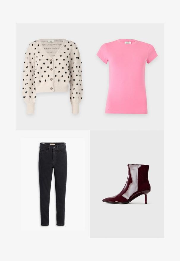 JDY SIGRID LIFE VNECK STRUC - Vest - cement; Effen T-shirt met korte mouwen en ronde hals in felroze, afgebeeld tegen een lichte neutrale achtergrond.; Zwarte spijkerbroeken van denim met een hoge taille, slim fit en minimale stikseldetails. De stof heeft een lichte textuur met een gladde afwerking.; Glanzende donkerrode enkellaars met pointed toe en dunne, middelhoge hak op een effen lichte achtergrond.