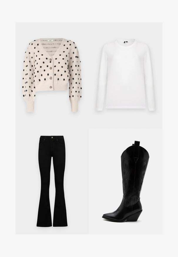 JDY SIGRID LIFE VNECK STRUC - Vest - cement; Effen wit overhemd met lange mouwen en ronde hals, plat gelegd met zichtbare merklabels op een lichtgrijze achtergrond.; Zwarte hoge taille jeans met een knoop- en ritssluiting, voorzakken en een flared pijp, plat gelegd op een witte achtergrond.; Zwarte leren cowboylaars met puntige neus, schuine blokhak, decoratieve stiksels en aantreklusjes bovenaan tegen een witte achtergrond.
