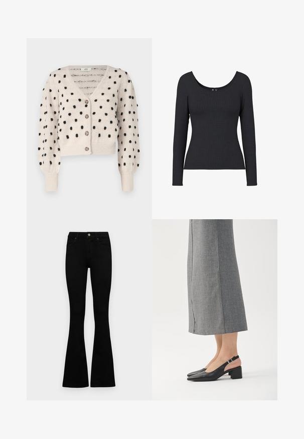 JDY SIGRID LIFE VNECK STRUC - Cardigan - cement; Sort ribbet langærmet top med en rund halsudskæring. Materialet er blødt og strækbart, og har en vertikal ribstruktur over hele toppen.; Sorte højtaljede jeans med knap- og lynlåslukning, forlommer og flagrende ben, lagt fladt på en hvid baggrund.; Sorte læder slingback sko med spids tå, blokhæl og kontrasterende lyserød hælafslutning. Glat tekstur med minimalistisk design.