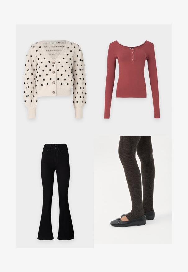 JDY SIGRID LIFE VNECK STRUC - Cardigan - cement; Støvet rosa ribbet langærmet skjorte med rund hals og fire sølv snapknapper på fronten, vist fladt på hvid baggrund.; Pepe Jeans FLARE CONTOUR - Flared jeans - black denim; Ben iført mørke ribbede leggings kombineret med sorte balletsko med små sløjfedetaljer på hvid baggrund.