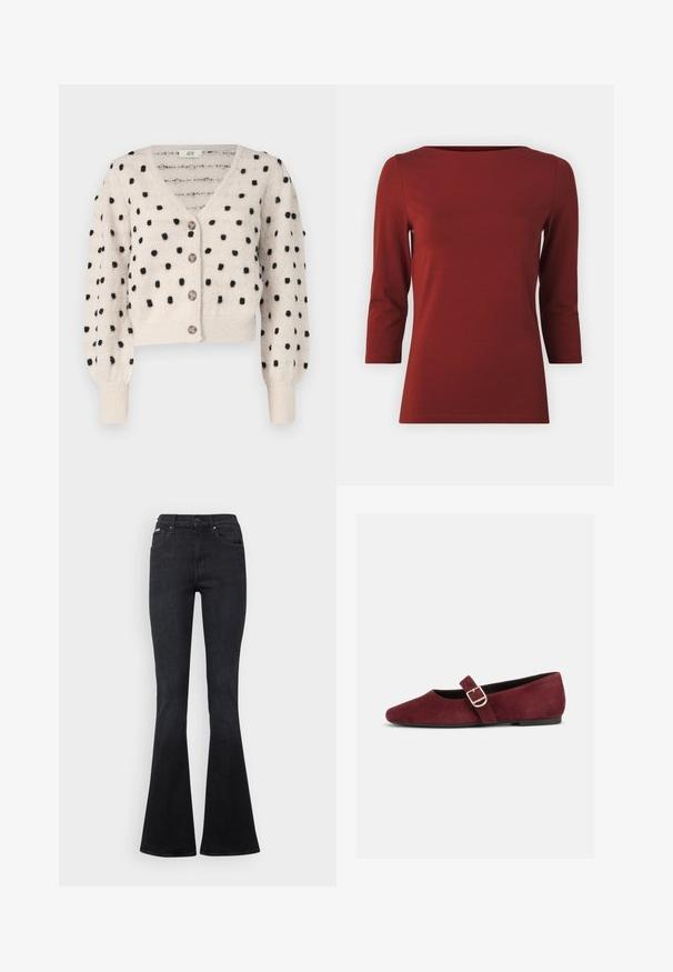 JDY SIGRID LIFE VNECK STRUC - Chaqueta de punto - cement; Camisa de manga larga burdeos con cuello barco, confeccionada en tejido suave. Presenta una silueta ajustada y un ligero estiramiento, sin patrones ni adornos.; Pantalones vaqueros negros acampanados de mezclilla, con un diseño clásico de cinco bolsillos, cierre de botón y detalles de costura sutiles.; Zapato Mary Jane plano de ante burdeos con correa de hebilla dorada y suela negra, mostrado de lado sobre un fondo blanco.