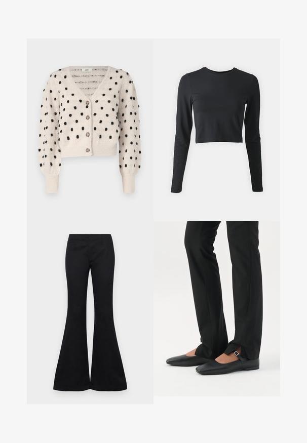 JDY SIGRID LIFE VNECK STRUC - Chaqueta de punto - cement; Camiseta negra de manga larga recortada, fabricada en una tela suave y elástica. Presenta un cuello redondo y mangas ajustadas, con un color sólido y sin estampados.; Pantalones de campana negros feitos de un tejido suave, con un corte ajustado en la parte superior y piernas anchas, sin adornos ni bolsillos visibles.; Piernas con pantalones ajustados negros con aberturas frontales en el dobladillo, combinados con zapatos planos Mary Jane negros con una pequeña correa con hebilla.
