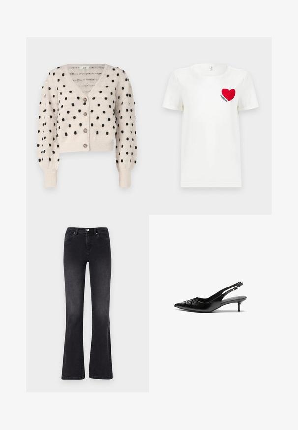 JDY SIGRID LIFE VNECK STRUC - Cardigan - cement; Hvid T-shirt med korte ærmer, prydet med et rødt hjerte og ordet "AMOUR" trykt på venstre bryst.; Sorte flagrende jeans lavet af denim, med knaplukning, fem lommer og subtil falming. Syet detaljer langs sømmene.; Sorte læder slingback-pumps med spids tå, lav kitten-hæl og rynket detalje på overdelen. Glat tekstur og minimalistisk design.