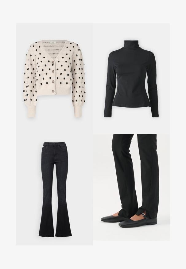 JDY SIGRID LIFE VNECK STRUC - Ζακέτα - cement; Even&Odd Petite by Zalando Μπλούζα με μακριά μανίκια - black; Μαύρα φαρδιά τζιν παντελόνια από τζιν, με κλασικό σχέδιο πέντε τσεπών, κουμπωτό φερμουάρ και διακριτές ραφές.; Πόδια με μαύρο στενό παντελόνι που έχει μπροστινές χαραγές στο τελείωμα, σε συνδυασμό με μαύρα επίπεδα παπούτσια Mary Jane με μικρό λουράκι και αγκράφα.