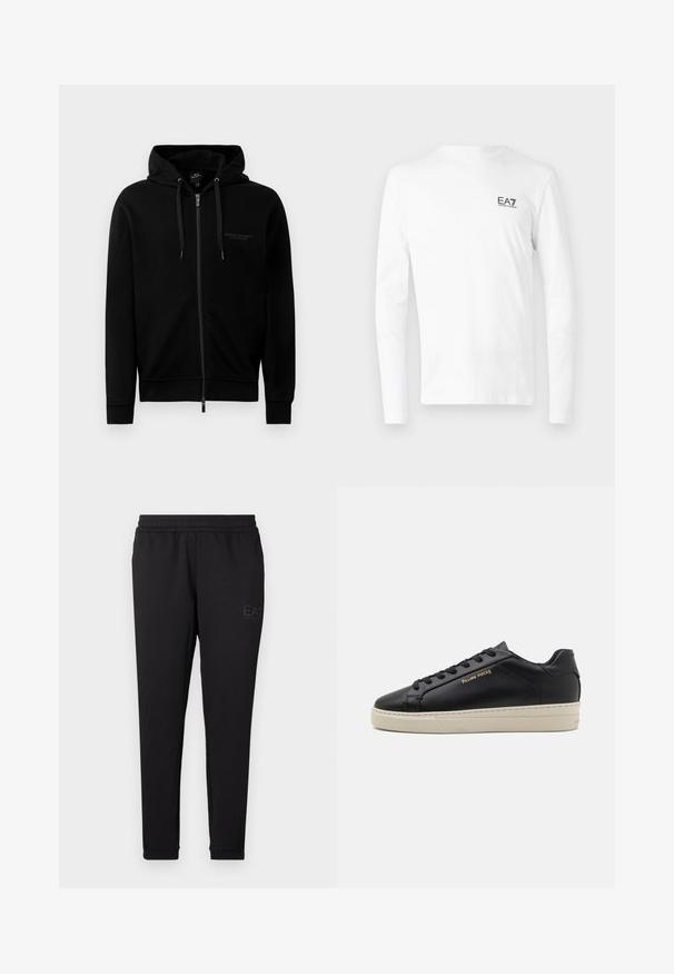 Zwarte zip-up hoodie gemaakt van een katoenmix. Heeft een capuchon, trekkoorden en een klein logo op de linkerborst. Soepele textuur, ribbelboorden.; Witte T-shirt met lange mouwen van katoen, voorzien van een klein zwart EA7-logo op de linkerborst. Eenvoudig ontwerp met een ronde hals.; Zwarte joggingsbroek van zacht weefsel, met een elastische tailleband, nauwsluitende boorden en een klein logo op de zijkant gedrukt.; Zwarte leren sneaker met een gladde afwerking, contrasterende crèmekleurige zool, ronde neus, gouden logo aan de zijkant en zes gaatjes voor veters.