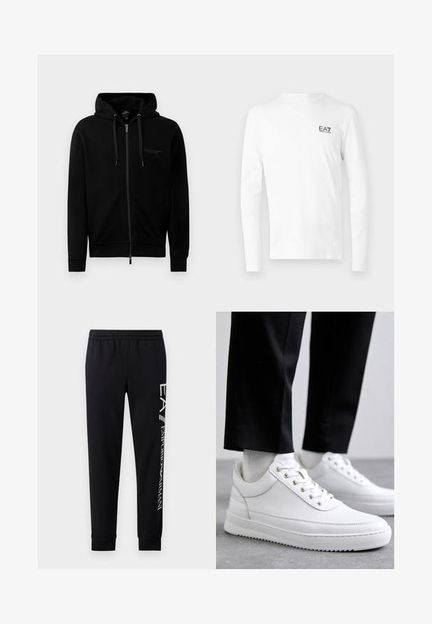 Zwarte zip-up hoodie gemaakt van een katoenmix. Heeft een capuchon, trekkoorden en een klein logo op de linkerborst. Soepele textuur, ribbelboorden.; Witte T-shirt met lange mouwen van katoen, voorzien van een klein zwart EA7-logo op de linkerborst. Eenvoudig ontwerp met een ronde hals.; Zwarte sweatpants van een katoenmix, met een elastische tailleband, taps toelopende benen, ribgebreide boorden en een wit logo-opdruk langs de zijkant.; Witte leren sneakers met een platte rubberen zool, met een soepele afwerking, ronde neus en metalen oogjes voor de veters. Draag ze met een zwarte broek.
