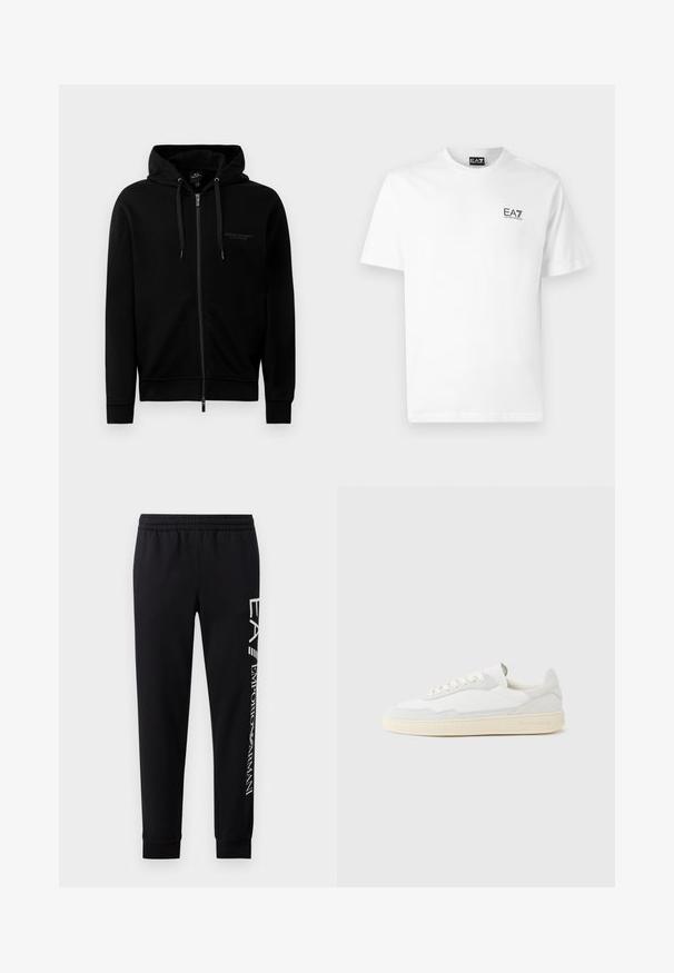 Zwarte zip-up hoodie gemaakt van een katoenmix. Heeft een capuchon, trekkoorden en een klein logo op de linkerborst. Soepele textuur, ribbelboorden.; Witte katoenen t-shirt met een ronde halslijn, korte mouwen en een zwart EA7-logo op de linkerborst. Gladde, effen textuur.; Zwarte sweatpants van een katoenmix, met een elastische tailleband, taps toelopende benen, ribgebreide boorden en een wit logo-opdruk langs de zijkant.; Witte sneaker met een bovenwerk van gestructureerd suède en leer. Voorzien van een afgeronde neus, vetersluiting en een contrasterende beige rubberen zool.