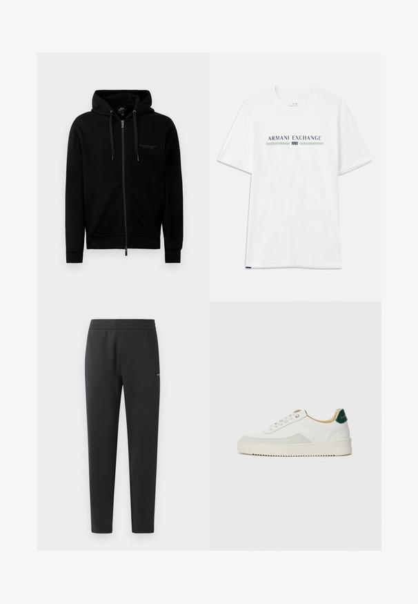 Haut à zip noir fabriqué en mélange de coton. Comprend une capuche, des cordons de serrage et un petit logo sur la poitrine gauche. Texture lisse, poignets côtelés.; T-shirt en coton blanc à manches courtes, avec un logo "ARMANI EXCHANGE" bleu et vert et "1991" centré en dessous.; Pantalons de jogging noirs en tissu doux, dotés d'une taille élastique, de jambes droites et d'un petit logo sur le côté.; Baskets blanches avec des accents en daim, bout arrondi, lacets plats et semelle en caoutchouc crème. Présente une marque verte sur le talon.