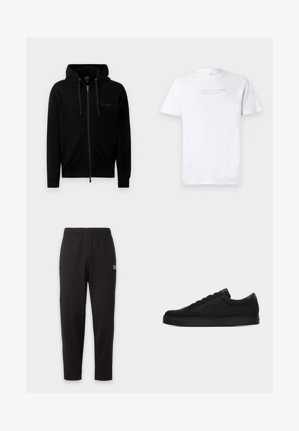 Haut à zip noir fabriqué en mélange de coton. Comprend une capuche, des cordons de serrage et un petit logo sur la poitrine gauche. Texture lisse, poignets côtelés.; T-shirt en coton blanc avec col rond, manches courtes et logo en relief "ARMANI EXCHANGE MILANO/NEW YORK" sur le devant.; Pantalon de survêtement noir à taille élastique, jambes fuselées, avec un petit logo blanc sur la partie supérieure de la cuisse gauche.; Basket basse noire avec motif logo ton sur ton, design à lacets et semelle plate sur un fond clair uni.