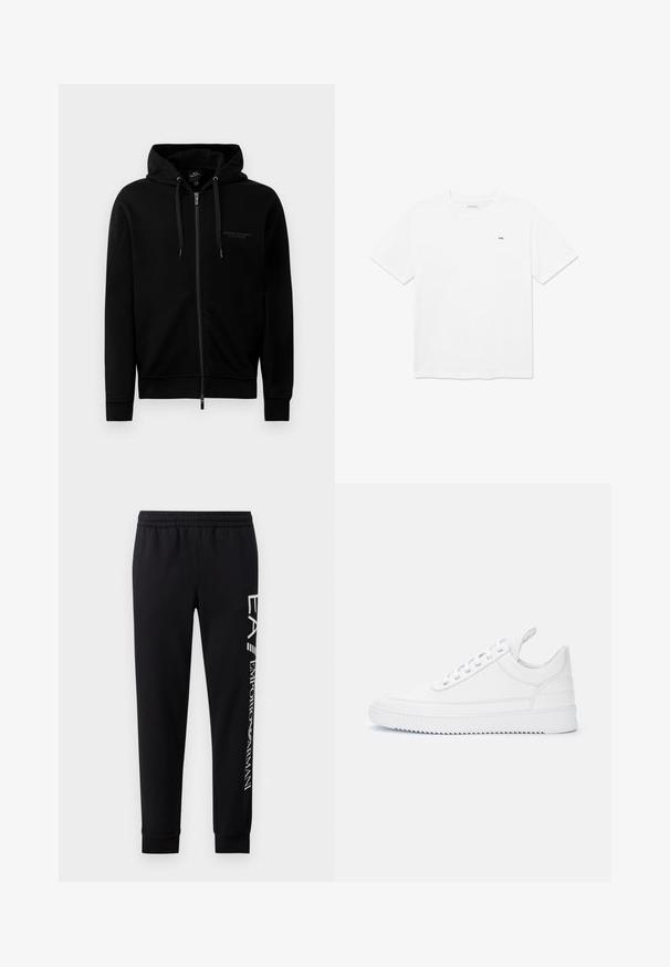 Haut à zip noir fabriqué en mélange de coton. Comprend une capuche, des cordons de serrage et un petit logo sur la poitrine gauche. Texture lisse, poignets côtelés.; T-shirt en coton blanc avec col rond et manches courtes. Présente un petit logo noir sur la poitrine. Design épuré et minimaliste.; Pantalons de survêtement noirs en mélange de coton, dotés d'une taille élastique, de jambes fuselées, de poignets côtelés et d'un imprimé logo blanc sur le côté.; Baskets basses blanches à fermeture lacée, détails surpiqués, languette au talon et semelle crantée sur un fond clair uni.
