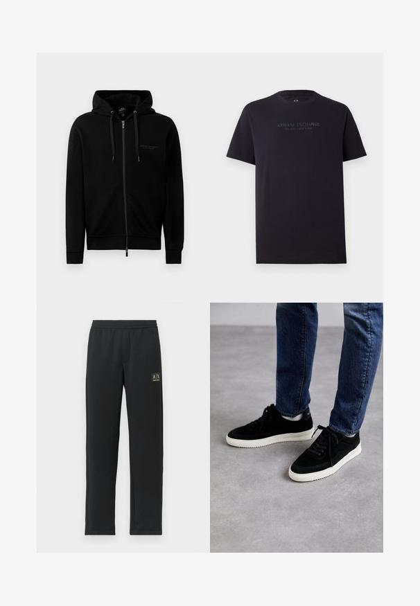 Sort zip-up hættetrøje lavet af en blanding af bomuld. Har en hætte, snore og et lille logo på venstre bryst. Glat tekstur, ribbede manchetter.; Sort bomulds t-shirt med korte ærmer, rund hals og en let afslappet pasform. Har "ARMANI EXCHANGE MILANO / NEW YORK" i mørkegrå tekst.; Sorte sweatpants med lige ben, elastisk talje og sort logo-patch på venstre lår.; Sorte ruskind sneakers med en hvid gummisål, der har et klassisk low-top design, rundt tå og flade sorte snørebånd.