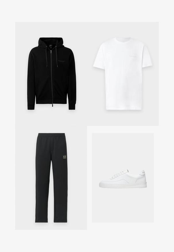 Sort zip-up hættetrøje lavet af en blanding af bomuld. Har en hætte, snore og et lille logo på venstre bryst. Glat tekstur, ribbede manchetter.; Hvid bomulds t-shirt med korte ærmer, rund halsudskæring, der har et diskret gråt logo print på venstre bryst og en glat overflade.; Sorte sweatpants med lige ben, elastisk talje og sort logo-patch på venstre lår.; Hvid lavt sneaker med snørelukning, glat læderoverdel og tyk sål, vist fra siden på en ensfarvet baggrund.