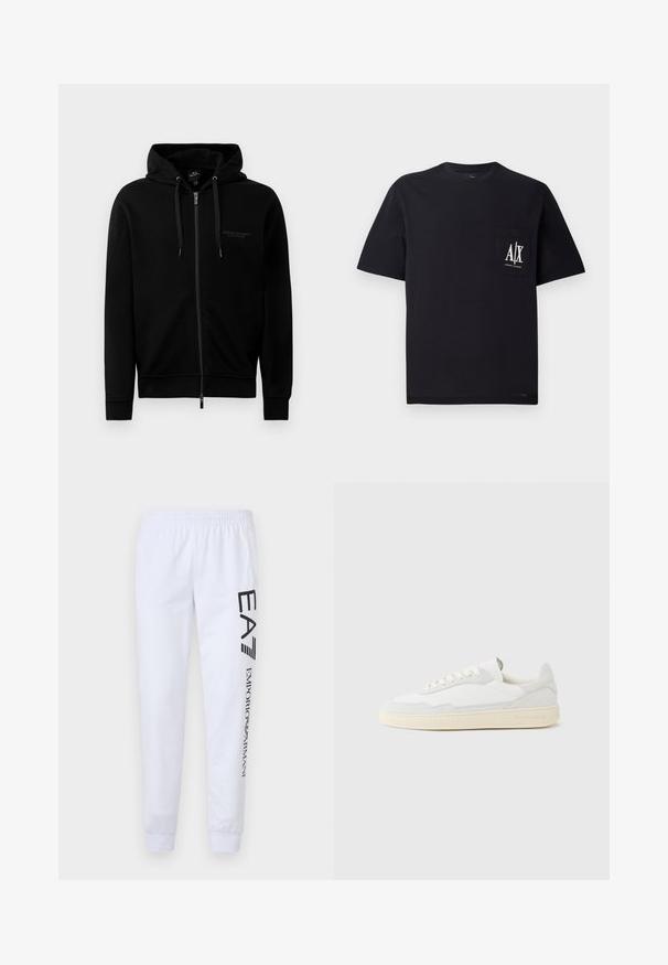 Sort zip-up hættetrøje lavet af en blanding af bomuld. Har en hætte, snore og et lille logo på venstre bryst. Glat tekstur, ribbede manchetter.; Sort bomulds T-shirt med rund hals og korte ærmer. Har en brystlomme med hvidt "A/X"-logo. Glat tekstur, afslappet pasform.; Hvide sweatpants lavet af blødt stof, med sorte trykte logoer "EA7" og "Emporio Armani" langs venstre ben, med elastisk talje og mansjetter.; Hvid sneakers med en øvre del i tekstureret ruskind og læder. Har rundet tå, snørelukning og kontrasterende beige gummisål.