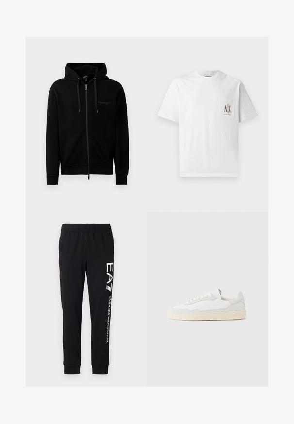 Zwarte zip-up hoodie gemaakt van een katoenmix. Heeft een capuchon, trekkoorden en een klein logo op de linkerborst. Soepele textuur, ribbelboorden.; Witte katoenen t-shirt met korte mouwen, een ronde halslijn en een linkerklepzak met geborduurd "A|X" logo in bruin.; Zwarte sweatpants van rekbaar materiaal. Voorzien van een elastische tailleband, taps toelopende boorden en witte branding op het linkerbeen.; Witte sneaker met een bovenwerk van gestructureerd suède en leer. Voorzien van een afgeronde neus, vetersluiting en een contrasterende beige rubberen zool.
