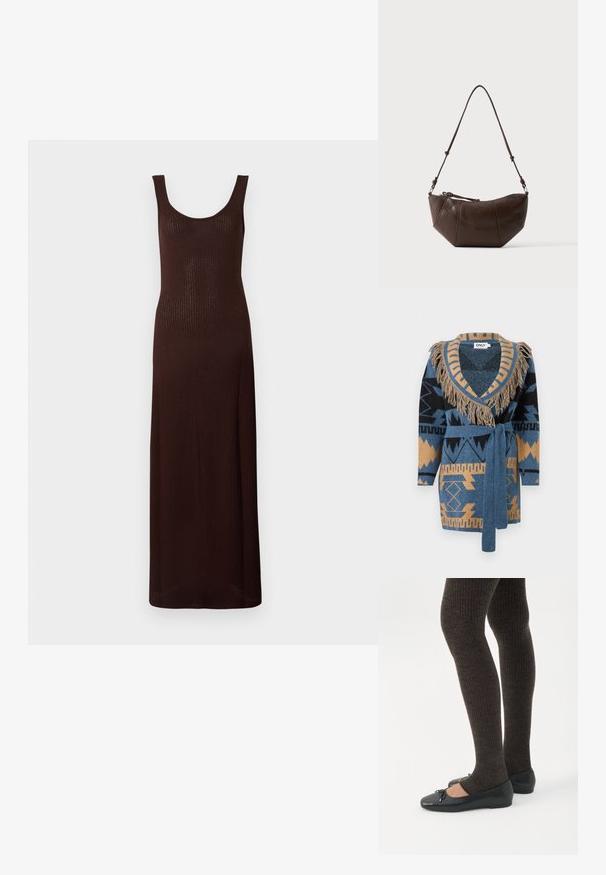 Cardigan tricoté bleu et beige à motifs avec un col châle frangé et une ceinture assortie nouée à la taille, présenté sur fond blanc.; Robe maxi marron côtelée avec un décolleté en scoop et un design sans manches, présentant une silhouette ajustée et une texture lisse.; Jambes portant des leggings côtelés foncés associés à des ballerines noires avec de petits détails en nœud sur fond blanc.; Sac à bandoulière en cuir marron avec un fond incurvé et une sangle réglable sur un fond clair uni.