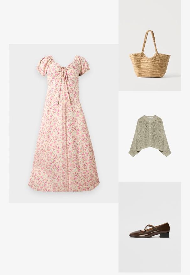 Cardigan tricoté beige clair avec motif ajouré, col rond, manches longues et fermeture à boutons sur le devant.; Robe midi crème avec manches bouffantes, imprimé floral rose, buste froncé et détail noué au centre avant.; Des chaussures Mary Jane en cuir verni marron, avec un bout carré, deux sangles ajustables ornées de boucles en métal rondes, et un petit talon carré.; Sac cabas en paille tressée avec large base, poignées tressées et couleur beige naturel sur fond blanc uni.