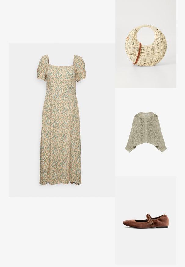 Cardigan tricoté beige clair avec motif ajouré, col rond, manches longues et fermeture à boutons sur le devant.; Even&Odd by Zalando Robe de jour - green/pink; Bianco Mary Jane shoes BIALILJA - Babies - dark brown; Sac à main tressé rond en paille naturelle avec une finition texturée. Dispose d'une bandoulière en cuir marron lisse et d'une poignée circulaire.