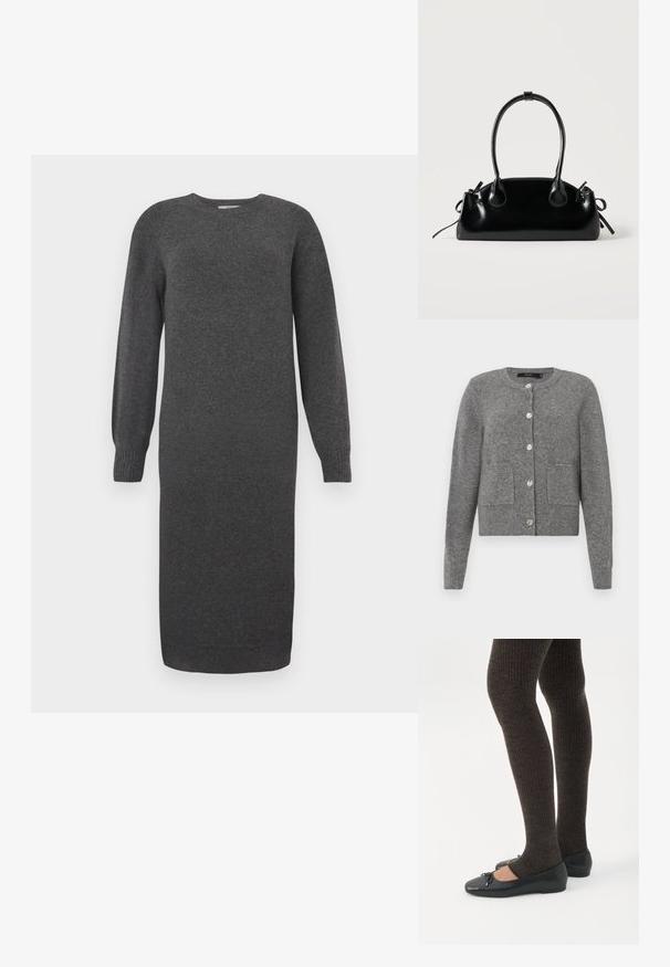 Γκρι πλεκτό cardigan με μακριά μανίκια, στρογγυλή λαιμόκοψη, κλείσιμο με πέντε κουμπιά, δύο μπροστινές τσέπες και ριμπ ύφανση στο κάτω μέρος και τους μανικιών.; Σκούρο γκρι πλεκτό φόρεμα με μακριά μανίκια, στρογγυλή λαιμόκοψη και ριμπ μανσέτες. Μήκος μέχρι την μέση της γάμπας και απλή υφή. Απλός σχεδιασμός χωρίς σχέδια.; Πόδια με σκουρόχρωμα ριμπ κολάν συνδυασμένα με μαύρα μπαλαρίνα παπούτσια με μικρές λεπτομέρειες φιόγκων σε λευκό φόντο.; Μικρή μαύρη γυαλιστερή τσάντα με δύο μακριές λαβές και λεπτομέρειες με ρυθμιζόμενο κορδόνι στο πλάι σε απλό ανοιχτό φόντο.