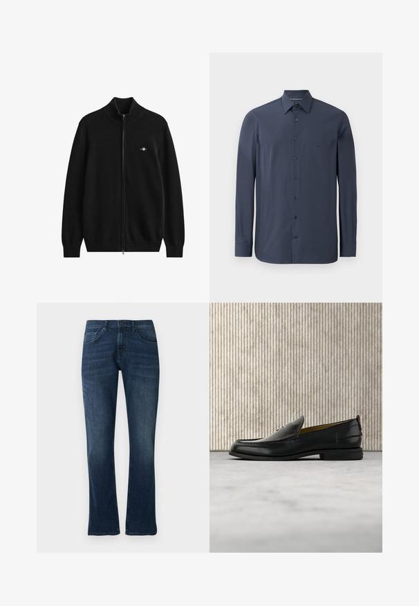 Sort cardigan med lynlås, ribstrikket krave og manchetter. Lavet af blødt materiale med et lille broderet logo på brystet.; Mørkeblå langærmet skjorte lavet af glat stof, med krave der lukkes med knapper og sorte knapper langs fronten. Subtil strukturdetaile synlig.; Mørkeblå bell-bottom jeans med standard fem-lomme-design, der har en forreste knaplukning og subtil falmning på lårene, lavet af denimstof.; Sort læder herreloafer med krokodillepræget forstykke og lav hæl, vist i profil på en neutral baggrund.