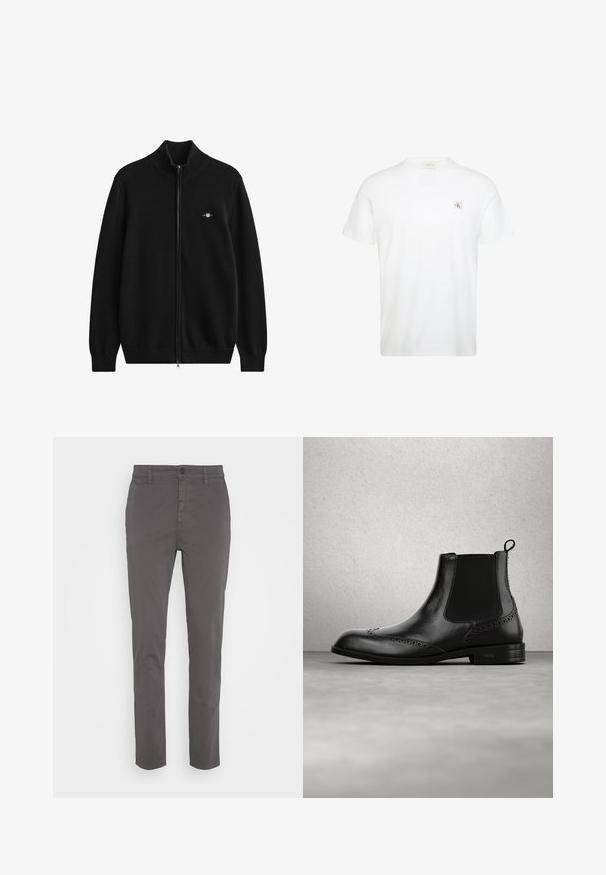 Sort cardigan med lynlås, ribstrikket krave og manchetter. Lavet af blødt materiale med et lille broderet logo på brystet.; Hvid t-shirt med korte ærmer og rund hals med lille rød og sort Calvin Klein logo lap på venstre bryst.; Grå chinos med en slim fit, lavet af åndbart bomuld. Har en knaplukning og sidelommer, med en glat, mat finish.; Sort læder Chelsea-støvle med brogue-detaljer, elastiske sidepaneler, træksløjfe og lav hæl, vist i luften mod en moderne indendørs gulv.