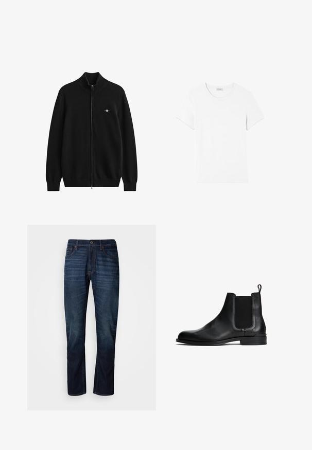 Schwarzer Strickcardigan mit Reißverschluss, geripptem Kragen und Bündchen. Hergestellt aus weichem Material, mit einem kleinen gestickten Logo auf der Brust.; American Vintage GAMIPY - T-Shirt basic - blanc; Dunkelblaue gerade geschnittene Jeans mit verblassten horizontalen Linien an den Oberschenkeln, Frontknopfverschluss und klassischem Fünf-Taschen-Design.; Schwarze Leder-Chelsea-Stiefel mit elastischen Seitenpaneelen, abgerundeter Zehenpartie, flacher Sohle und einer Zugschlaufe an der Rückseite für ein einfaches Anziehen. Glatte Textur.