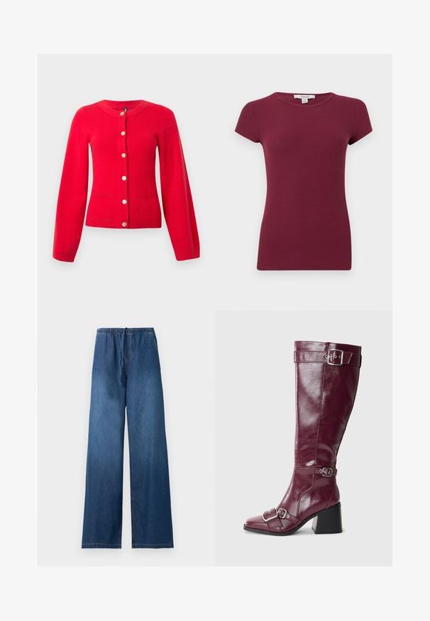 Cardigan rouge avec un col rond, des manches longues, des fermetures à bouton en or et deux poches frontales. Il présente un ourlet et des poignets côtelés.; Haut violet côtelé à manches courtes avec encolure ronde, silhouette ajustée et texture unie, présenté sur un fond uni.; Pantalon large en denim bleu avec ceinture élastique et cordon de serrage, sans poches visibles ni ornements, présenté sur un fond uni.; Bottes en cuir bourgogne montantes avec un bout pointu, des boucles en argent et un talon bloc. Elles présentent une texture lisse et brillante.