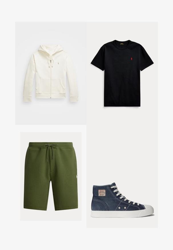 Cremfarbener Reißverschluss-Hoodie aus glattem Stoff, mit einer Vordertasche, einer Kapuze mit Kordelzug und einem kleinen Logo auf der Brust.; Schwarzes Baumwoll-T-Shirt mit kurzen Ärmeln, Rundhalsausschnitt und kleinem roten gestickten Logo auf der linken Brust. Glatte Textur, lässiges Design.; Olivgrüne Baumwollshorts mit elastischem Bund, Kordelzugverschluss und kleinem Logodetail an der Seite. Glatte Textur und knielanges Design.; Marineblaue High-Top-Sneaker mit weißen Schnürsenkeln, weißer Gummisohle, Metallösen und einem kleinen beigen Markenpatch im Knöchelbereich.