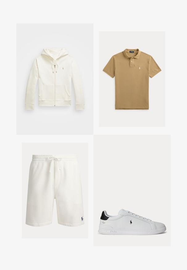Cremfarbener Reißverschluss-Hoodie aus glattem Stoff, mit einer Vordertasche, einer Kapuze mit Kordelzug und einem kleinen Logo auf der Brust.; Beiges Poloshirt mit kurzen Ärmeln, Kragen, Zwei-Knopf-Leiste und kleinem weiß besticktem Polo Ralph Lauren-Logo auf der linken Brust.; Weiße Baumwollshorts mit elastischem Bund, Kordelzug und seitlichen Taschen. Mit einem kleinen blauen Polo-Logo auf der unteren linken Seite.; Weißer Sneaker mit niedrigem Schaft, schwarzem Fersenlasche, Schnürsenkeln und Polo Ralph Lauren Logo an der Seite, mit geprägten Sohlen-Details.