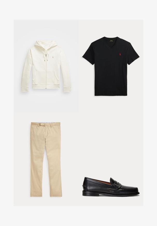 Crème-kleurige rits-hoodie gemaakt van zachte stof, met een voorzak, trekkoordcapuchon en klein logo op de borst.; Zwarte V-hals T-shirt met korte mouwen en een klein rood Polo Ralph Lauren-logo op de linkerborst.; Beige broek met rechte pijpen, ceintuurlussen en een voorrits, plat gelegd tegen een witte achtergrond.; Zwarte leren loafer met lage hak en penny-strap detail, van opzij getoond op een lichtgrijze achtergrond.