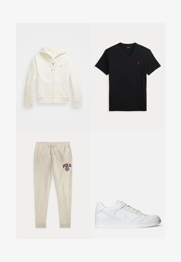 Cremfarbener Reißverschluss-Hoodie aus glattem Stoff, mit einer Vordertasche, einer Kapuze mit Kordelzug und einem kleinen Logo auf der Brust.; Schwarzes T-Shirt mit V-Ausschnitt und kurzen Ärmeln sowie kleinem rotem Polo Ralph Lauren Logo auf der linken Brust.; Beige Sweathose mit Kordelzug und Seitentaschen sowie rotem "POLO"-Logo und Emblem am oberen linken Oberschenkel.; Weißer Ledersneaker mit glatter Textur, ausgestattet mit einer perforierten Zehenpartie, Schnürverschluss und gesticktem Logo an der Seite. Weiße Gummisohle.