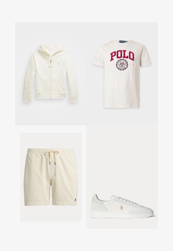 Cremfarbener Reißverschluss-Hoodie aus glattem Stoff, mit einer Vordertasche, einer Kapuze mit Kordelzug und einem kleinen Logo auf der Brust.; Weißes T-Shirt mit kurzen Ärmeln, rotem "POLO"-Text und rundem Polo Ralph Lauren New York Logo in Schwarz-Weiß auf der Brust.; Beige Cord-Shorts mit elastischem Bund und Kordelzug, mit kleinem dunkel besticktem Logo am unteren linken Bein.; Weißer Sneaker in niedriger Ausführung mit Schnürdesign, goldenem Polo Ralph Lauren Logo an der Seite und strukturierter Sohle auf einfarbigem Hintergrund.