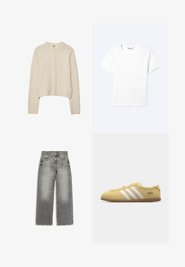Cardigan beige clair en tissu doux, avec un col rond, des manches longues et une fermeture à boutons avant avec sept boutons.; T-shirt blanc uni à manches courtes et col rond avec une petite étiquette "WEEKDAY" à l'intérieur de l'encolure, présenté à plat sur un fond clair.; Jean droit gris en denim avec poches avant et arrière, fermeture par bouton et zip, et détails subtils d'effet délavé.; adidas Originals GAZELLE LO PRO W - Baskets basses - almost yellow/footwear white
