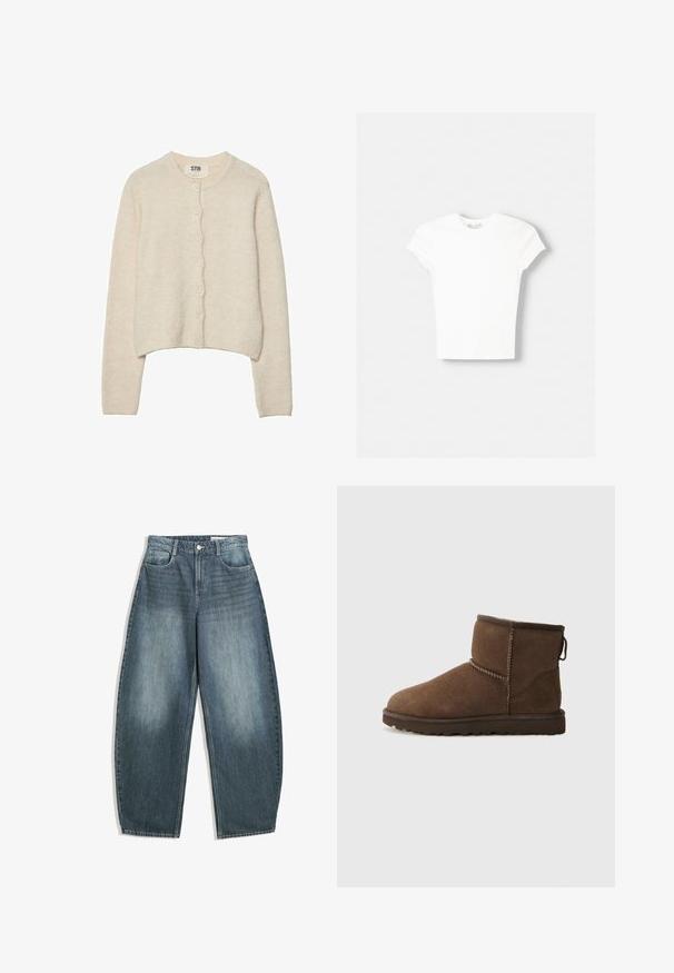 Cardigan beige clair en tissu doux, avec un col rond, des manches longues et une fermeture à boutons avant avec sept boutons.; T-shirt blanc à manches courtes en coton doux, avec un col rond et une coupe ajustée. Pas de motifs ni d'ornements visibles.; Les jeans en denim bleu clair à jambes larges présentent une taille haute, cinq poches, un léger dégradé et des accents de couture le long des coutures.; UGG CLASSIC MINI II - Bottes de neige - dusted cocoa