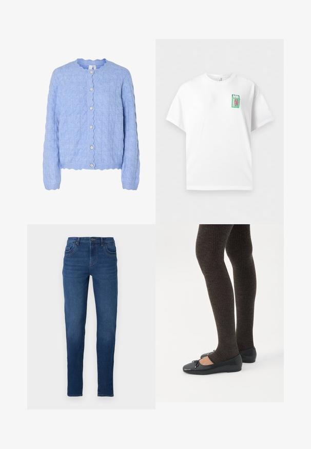 Lichtblauwe gebreide cardigan met een gegolfde halslijn, voorzien van een kabelpatroon en vijf parelachtige knopen aan de voorkant.; Wit T-shirt met korte mouwen en een klein groen plaatje van een open blikje sardines, roze sardines en het woord "SARDINE" op de bovenborst.; Donkerblauwe denim jeans met een slim fit, voorzien van vijf zakken, riemlussen en een rits met knoopsluiting. Soepele textuur.; Benen met donkere geribbelde leggings gecombineerd met zwarte ballerina's met kleine strikdetails op een witte achtergrond.